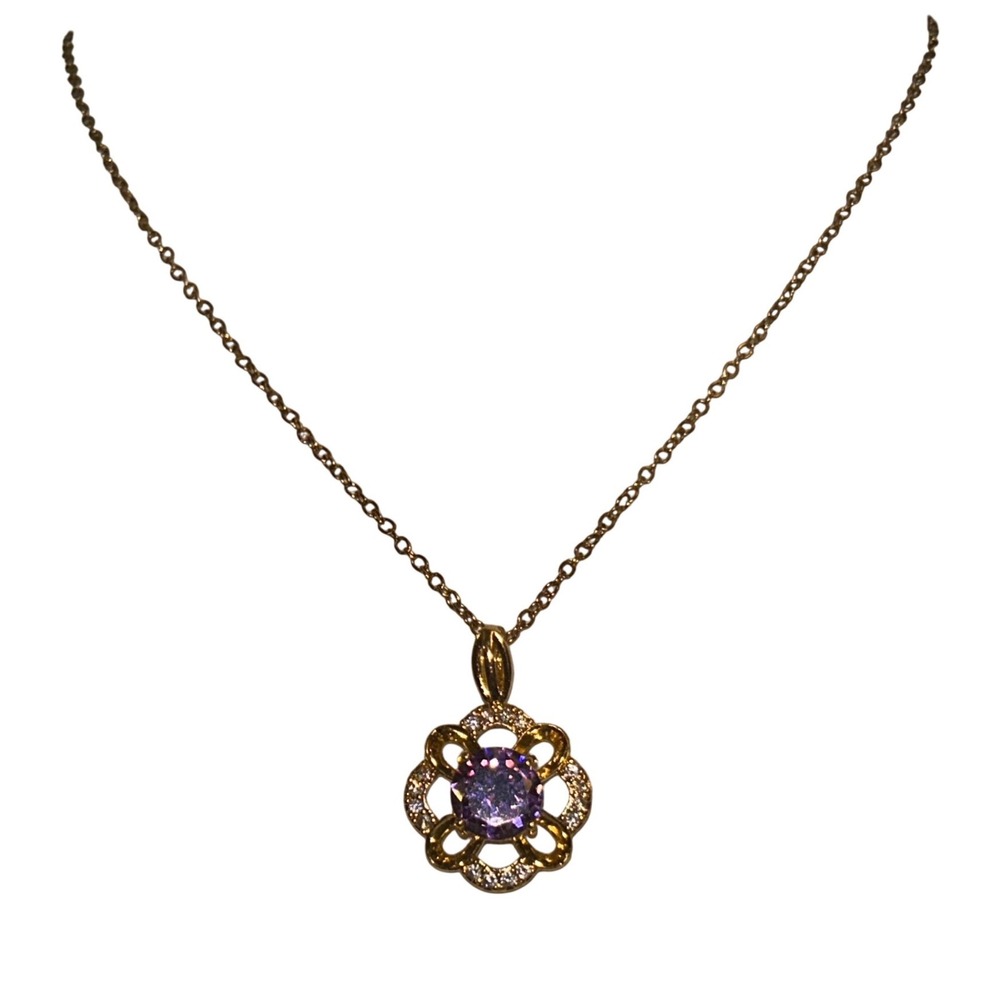 Gold Tone Stainless Steel Purple Flower Pendant Necklace Adjustable Chain